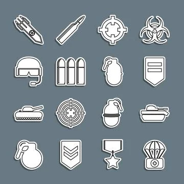Set line Parachute with first aid kit, Military tank, Chevron, Target sport Stock Illustration