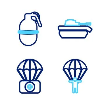 Set line Parachute, with first aid kit, Military tank and Hand grenade icon.. Illustrazione stock