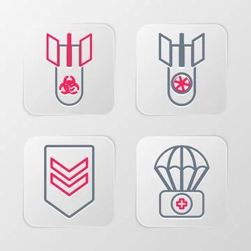 Set line Parachute with first aid kit, Chevron, Nuclear bomb and Biohazard .. Illustrazione stock