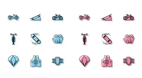 Set line Parachute, Life jacket, All Terrain Vehicle or ATV motorcycle, Knee Stock Illustration