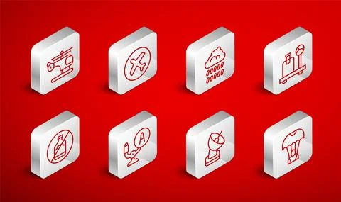 Set line Parachute, Plane, Cloud with rain, Scale suitcase, Radar, Helicopter Stock Illustration