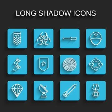 Set line Parachute, Radar, Chevron, Rocket, Military reward medal, Target sport Stock Illustration