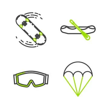 Set line Parachute, Ski goggles, Rafting boat and Skateboard trick icon. Vect 스톡 일러스트