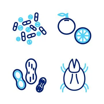 Set line Parasite mite, Peanut, Orange fruit and Medicine pill or tablet icon Stock Illustration