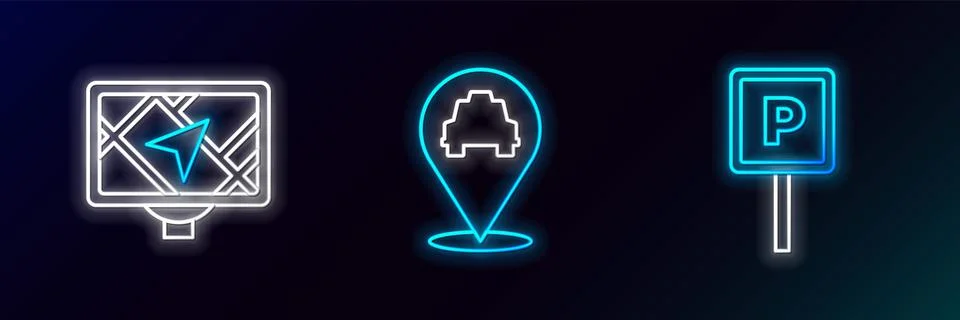 Set line Parking, Gps device with map and Location taxi icon. Glowing neon... イラスト素材