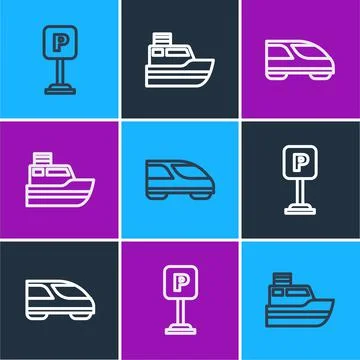Set line Parking, High-speed train and Ship line path icon. Vector 스톡 일러스트