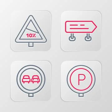 Set line Parking, No overtaking road traffic, Road sign and Steep ascent and Stock Illustration
