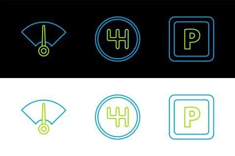 Set line Parking, Speedometer and Gear shifter icon. Vector Illustrazione stock