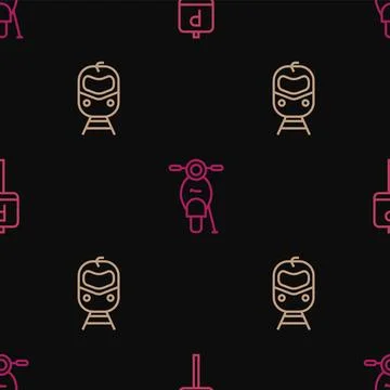 Set line Parking, Train and railway and Scooter on seamless pattern. Vector Illustrazione stock