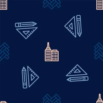 Set line Parquet, Triangular ruler and pencil and City landscape on seamless Stock Illustration