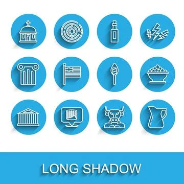 Set line Parthenon, Ancient column, Santorini building, Minotaur, Bottle of Ilustración de archivo