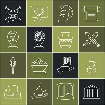 Set line Parthenon, Bottle of olive oil, Crossed medieval sword, Greek helm.. Stock Illustration