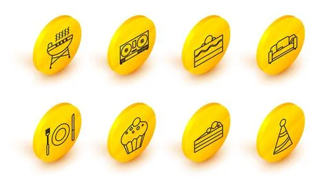 Set line Party hat, Cake, Muffin, Plate, fork and knife, Sofa, DJ remote playing Stock Illustration
