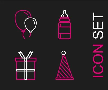 Set line Party hat, Gift box, Baby bottle and Balloons with ribbon icon. Vect イラスト素材