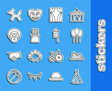 Set line Party hat, Roller coaster, Balloons with ribbon, Circus curtain ra.. Stock Illustration