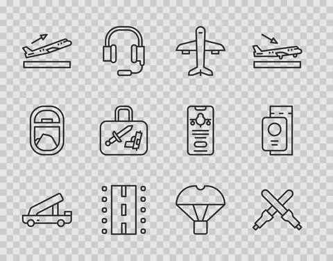 Set line Passenger ladder, Marshalling wands, Plane, Airport runway, takeoff Illustration