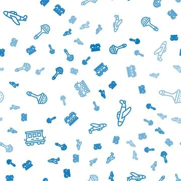 Set line Passenger train cars toy, Toy plane and Rattle baby on seamless pattern Illustrazione stock
