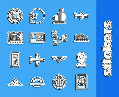 Set line Passport with biometric data, Map pin, Coliseum Rome, Italy, Suitcase Illustrazione stock