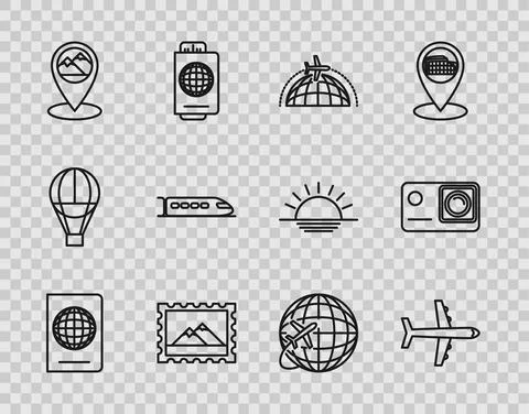 Set line Passport with biometric data, Plane, Globe flying plane, Postal stamp 스톡 일러스트
