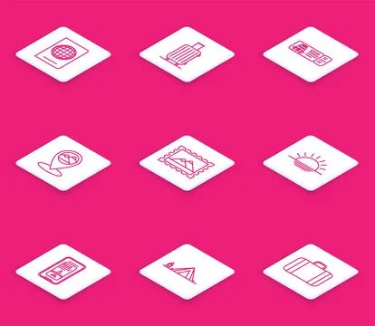 Set line Passport with biometric data, Map pointer mountain, Postal stamp and Illustrazione stock