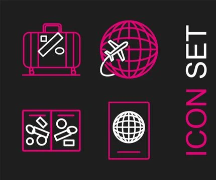 Set line Passport with biometric data, pages visa stamps, Globe flying plane and イラスト素材