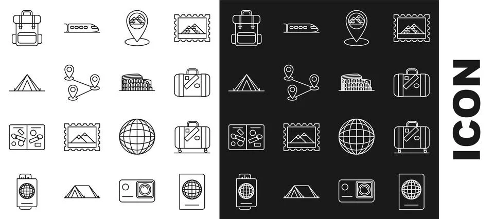 Set line Passport with biometric data, Suitcase for travel and stickers, Map Illustrazione stock