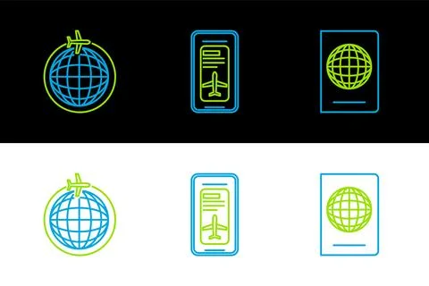 Set line Passport with biometric data, Globe flying plane and Smartphone el.. イラスト素材
