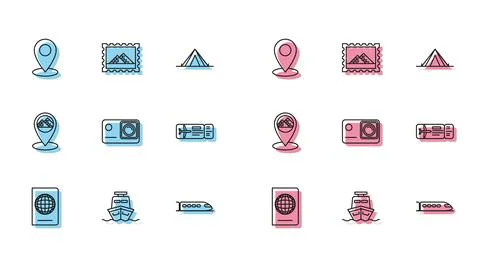 Set line Passport with biometric data, Ship, Map pin, Train, Action extreme.. 스톡 일러스트