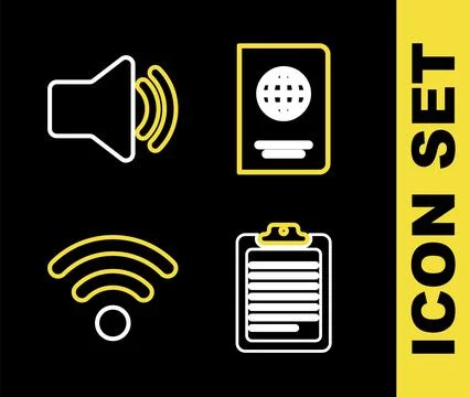 Set line Passport Clipboard with document Wi-Fi wireless network and Speaker  Stock Illustration