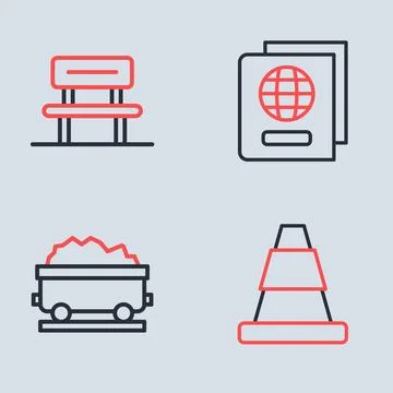 Set line Passport, Coal train wagon, Traffic cone and Waiting hall icon. Vect Stock Illustration