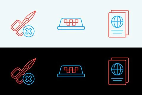 Set line Passport, No scissors and Taxi car roof icon. Vector Stock Illustration