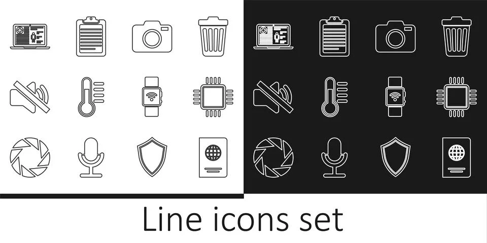 Set line Passport, Processor with CPU, Photo camera, Thermometer, Speaker m.. 库存插图