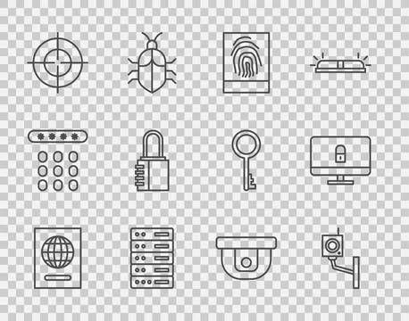 Set line Passport, Security camera, Fingerprint, Server, Data, Web Hosting Stock Illustration