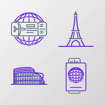 Set line Passport with ticket, Coliseum in Rome, Italy, Eiffel tower and Ai.. Stock Illustration