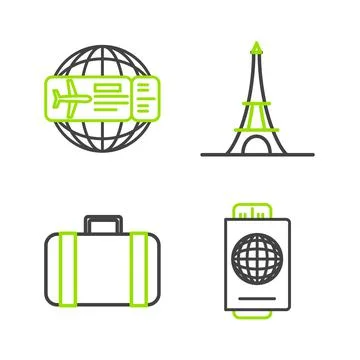 Set line Passport with ticket, Suitcase for travel, Eiffel tower and Airline Illustration
