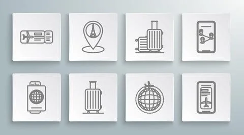 Set line Passport with ticket, Suitcase for travel, Globe flying plane, Sma.. Illustration