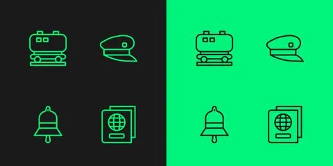 Set line Passport, Train station bell, Oil railway cistern and driver hat icon イラスト素材