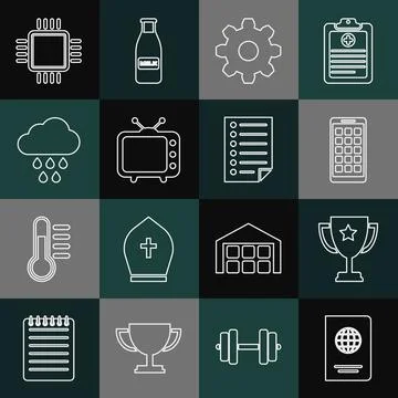 Set line Passport, Trophy cup, Mobile Apps, Cogwheel gear settings, Television Stock Illustration
