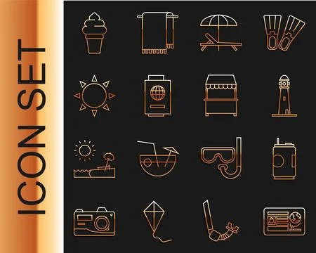 Set line Passport with visa stamp, Soda can, Lighthouse, Sunbed and umbrell.. Stock Illustration