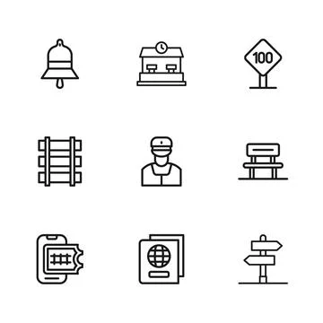 Set line Passport, Waiting hall, Road traffic sign, Train conductor, Speed .. Stock Illustration