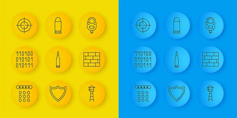 Set line Password protection, Binary code, Bullet, Watch tower, Bricks, Tar.. Stock Illustration