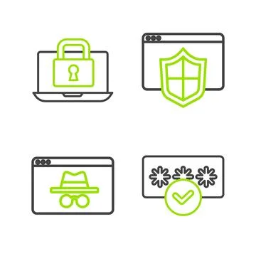 Set line Password protection, Browser incognito window, with shield and Lap.. Stock Illustration