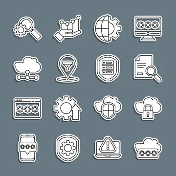 Set line Password protection, Cloud computing lock, Document with search, Globe 스톡 일러스트