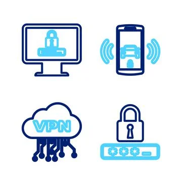 Set line Password protection, Cloud VPN interface, Smart car alarm system and Stock Illustration