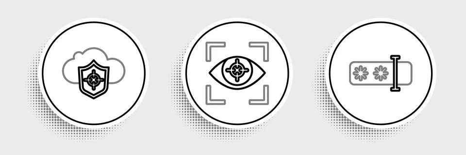 Set line Password protection, Cloud and shield and Eye scan icon. Vector 스톡 일러스트