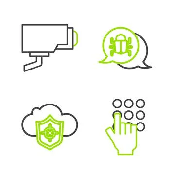 Set line Password protection, Cloud and shield, System bug and Security cam.. Stock-Illustration
