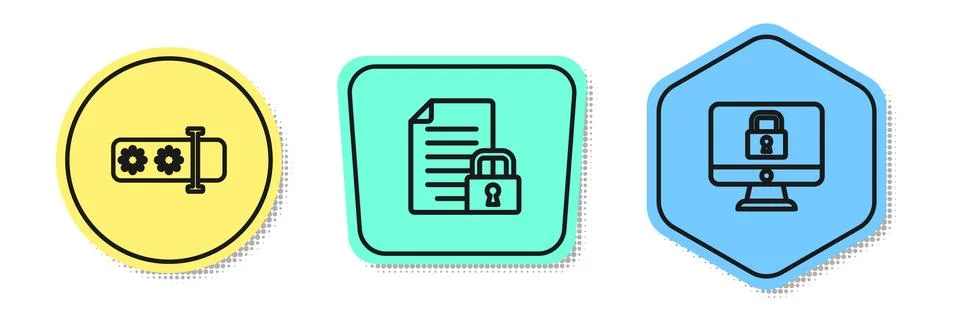 Set line Password protection, Document and lock and Lock monitor. Colored shapes Illustrazione stock