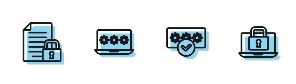 Set line Password protection, Document and lock, Laptop with password and icon Illustrazione stock