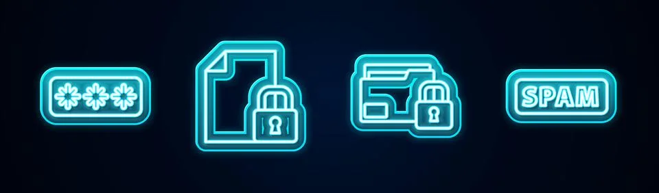 Set line Password protection, Document and lock, Folder and Spam. Glowing n.. Illustrazione stock