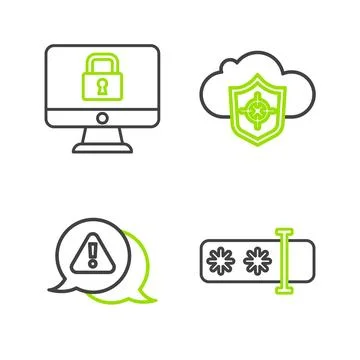 Set line Password protection, Exclamation mark in triangle, Cloud and shiel.. Stock Illustration